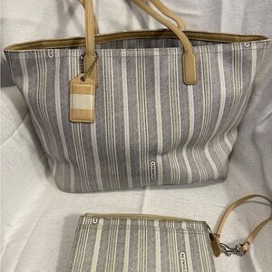 Coach Gray and Tan Striped Tote Bag with matching wallet